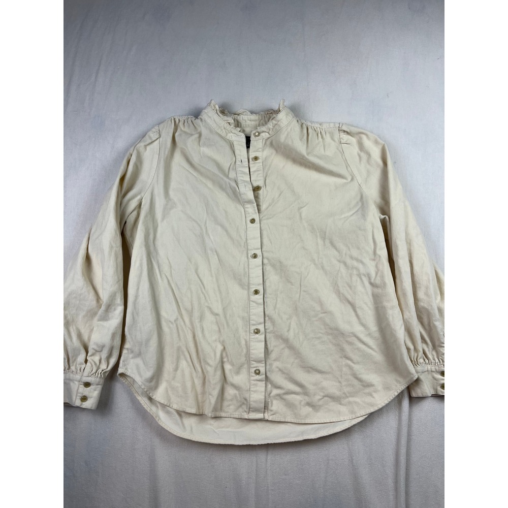 Ann Taylor Womens Cream Corduroy Ruffle Collar Button Down Shirt Medium Ivory